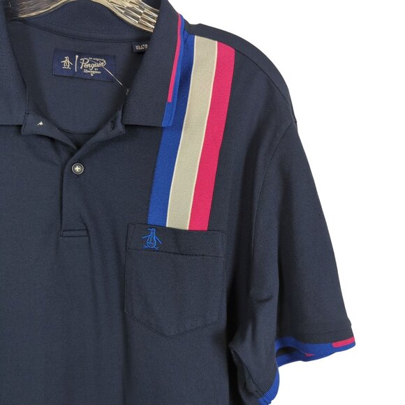 Penguin Mens Navy Polo Shirt XL Striped Collar Pocket Cotton Blend Classic Fit - Picture 3 of 14